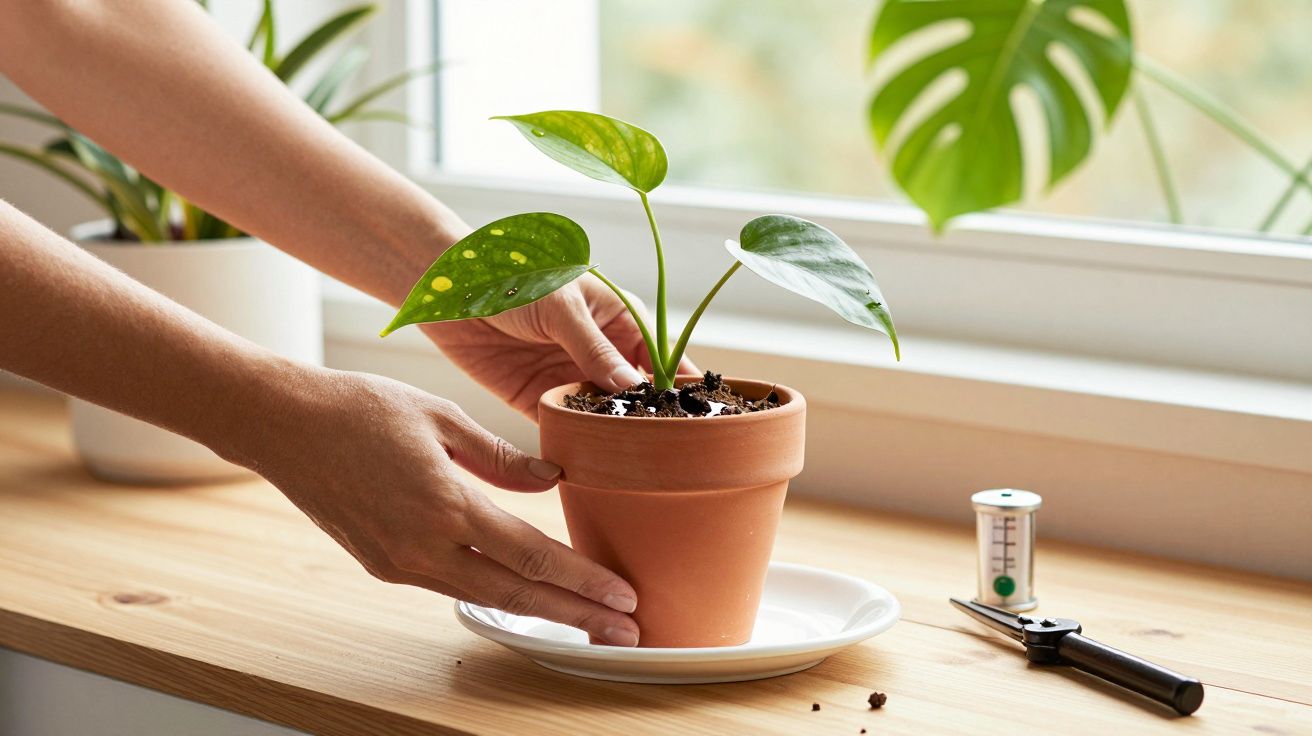 Mãos ajustando vaso de planta no parapeito de janela, com luz natural e medidor de umidade ao lado.