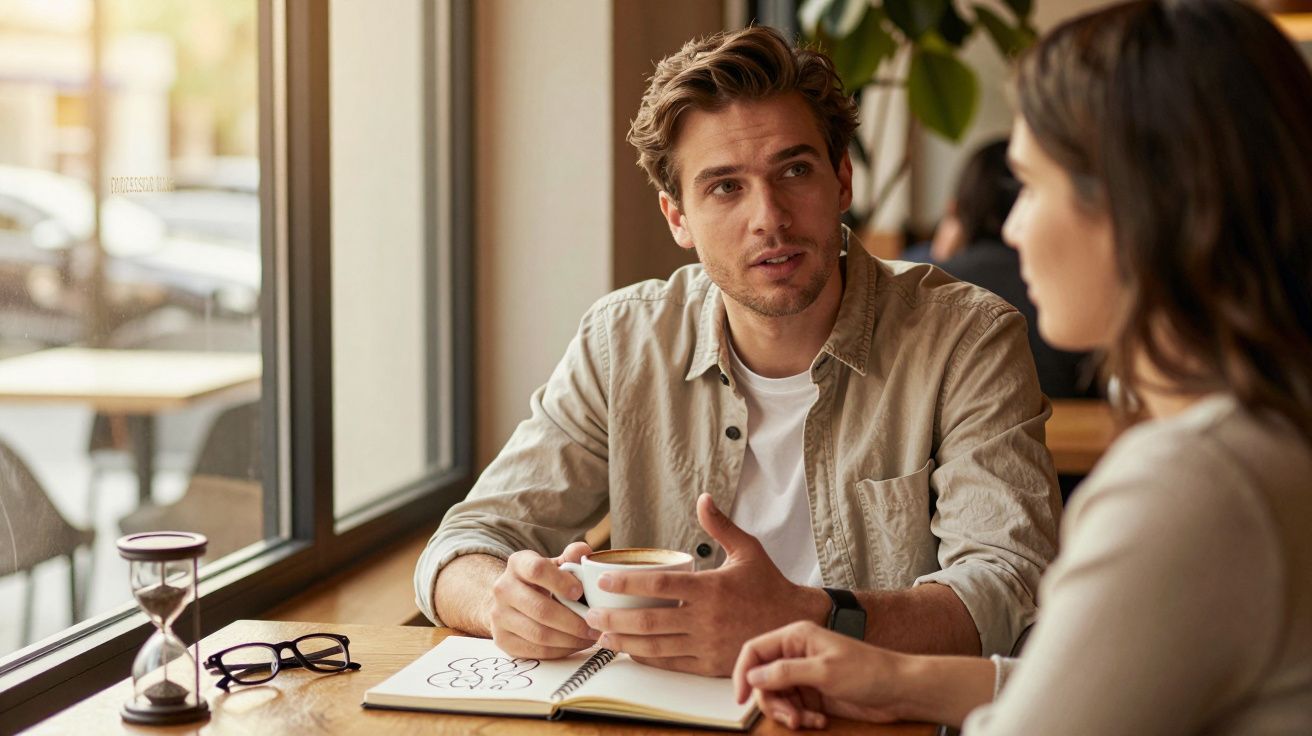 Homem e mulher conversam numa cafetaria, com café e bloco de notas em cima da mesa perto da janela.
