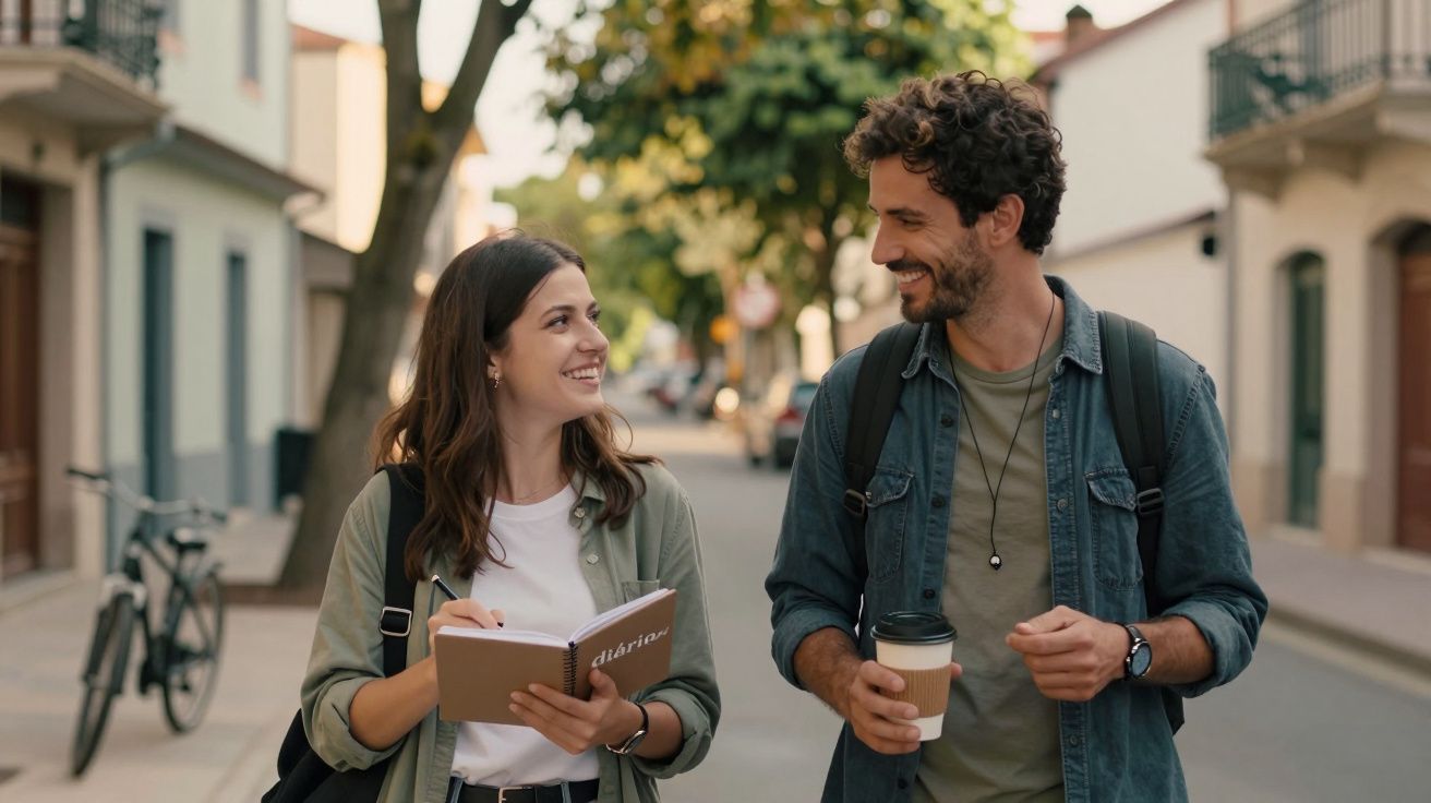 Duas pessoas a caminhar numa rua arborizada, sorrindo e conversando, uma com um diário e a outra com um café.