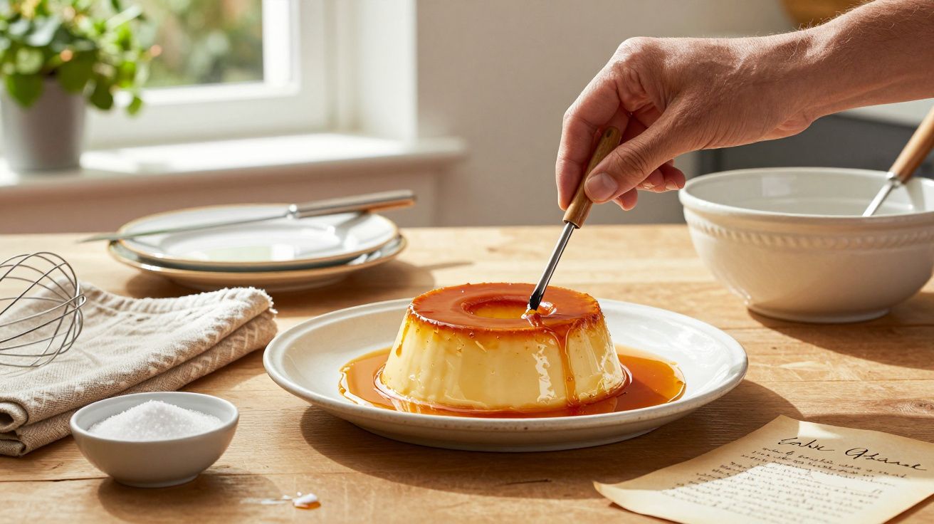 Mão a cortar pudim de caramelo num prato, com utensílios de cozinha ao fundo.