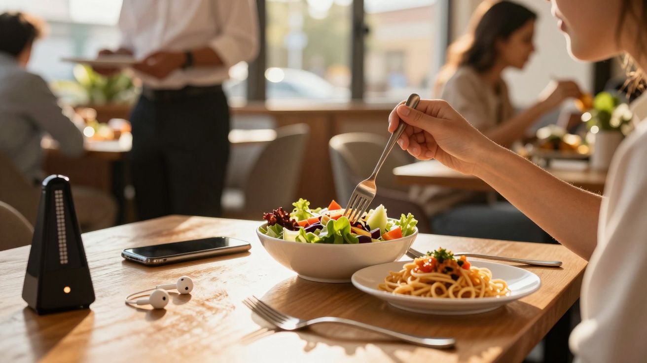 Pessoa segurando garfo sobre salada em mesa de restaurante, com smartphone e earphones.