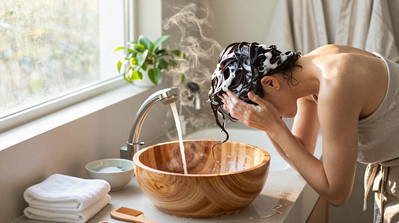 Pessoa lava o cabelo num lavatório de madeira, coberta por uma toalha. A água está a correr e há plantas no fundo.