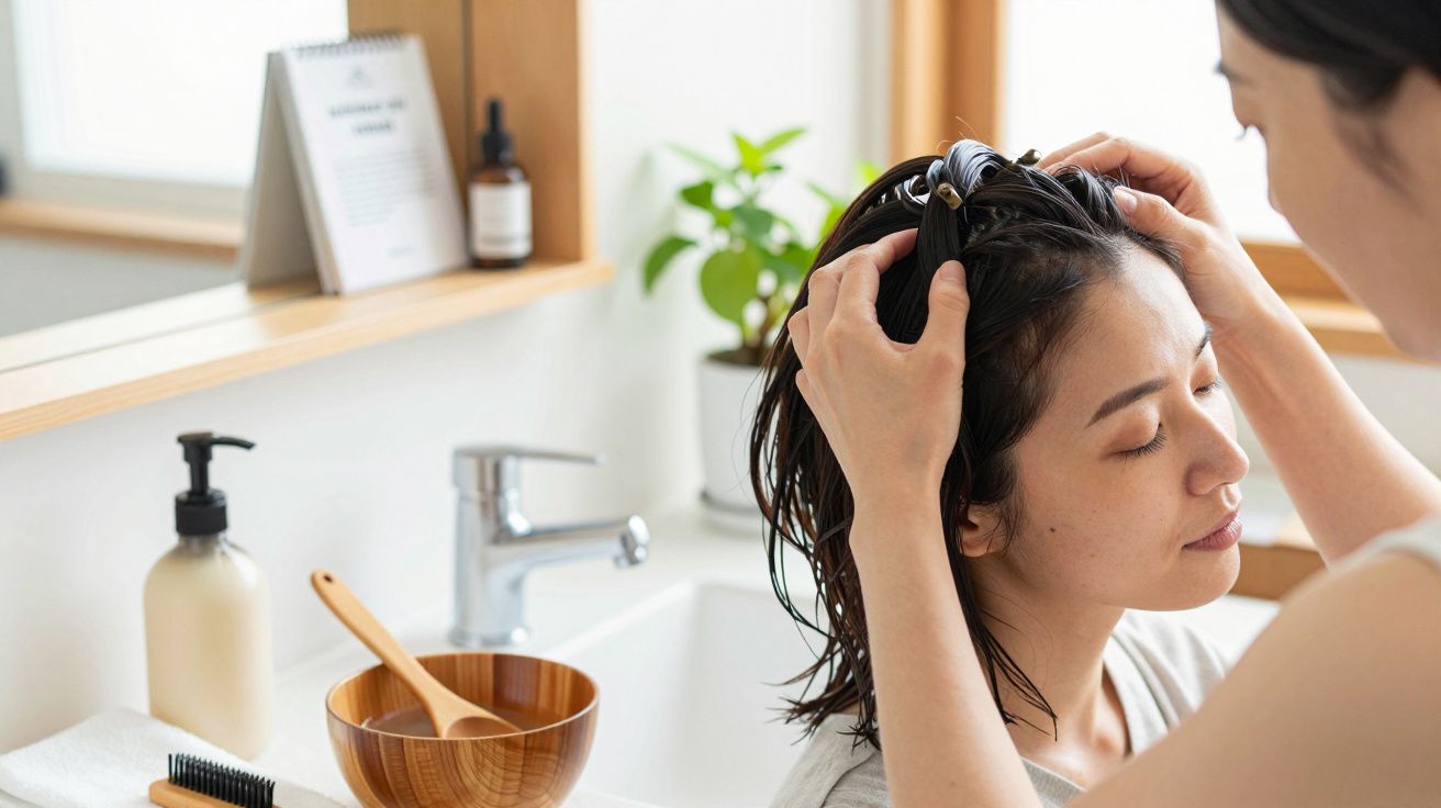 Pessoa a receber massagem na cabeça numa casa de banho moderna, com plantas e produtos de cuidados pessoais na bancada.