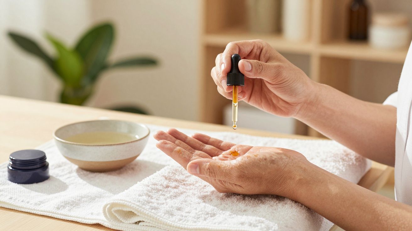 Pessoa aplicando óleo na mão com conta-gotas sobre toalha branca, ao lado de uma tigela e um pote aberto.