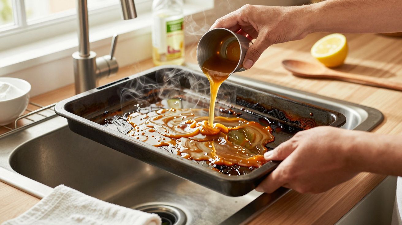 Mãos despejam molho dourado numa assadeira dentro de um lava-loiça, com uma tábua e limão ao fundo.