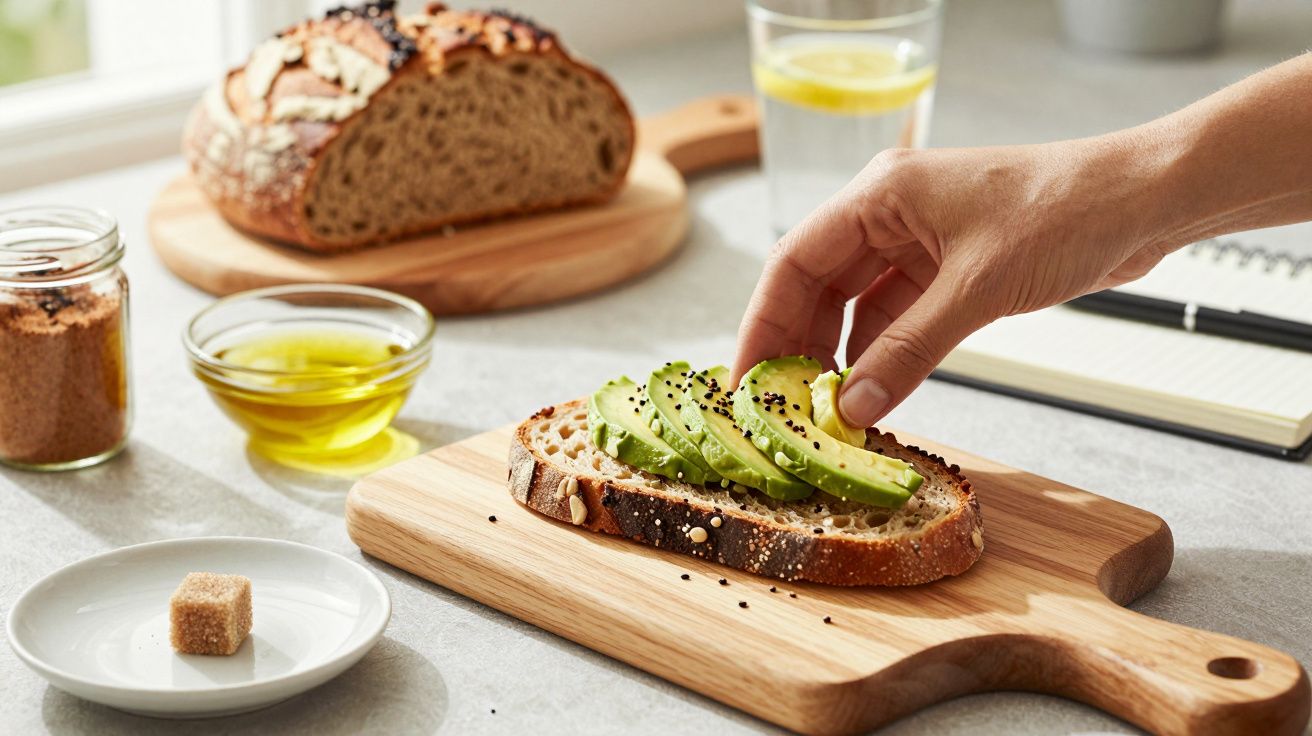 Mão colocando fatias de abacate em pão integral numa tábua, com azeite e limão ao fundo.