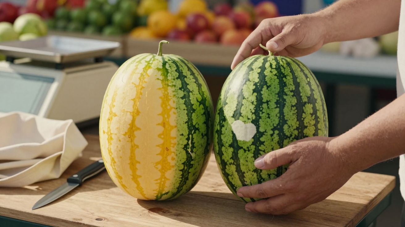 Duas melancias em balcão, uma amarela e outra verde. Mãos seguram a melancia verde. Balcão com objetos ao fundo.