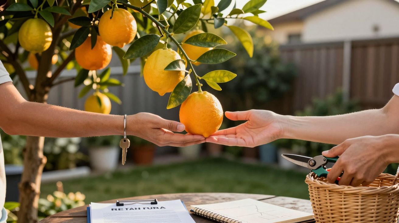 Mãos trocando um limão sob uma árvore, com uma tesoura de poda e cesto ao lado, em cenário de jardim.
