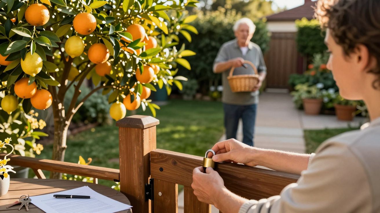 Pessoa tranca portão de jardim enquanto um homem ao fundo colhe limões de um limoeiro com cesto na mão.