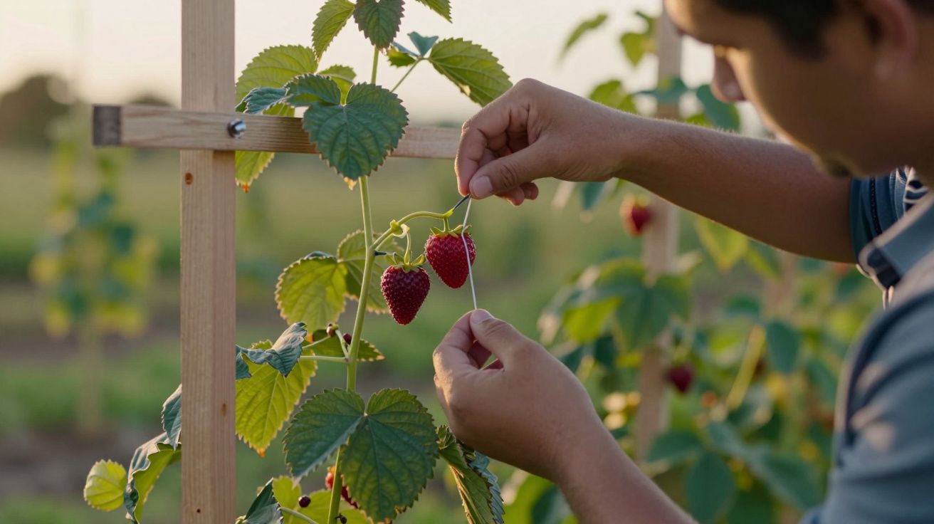 Homem cuidando de framboesas em arbusto no campo, ao entardecer.