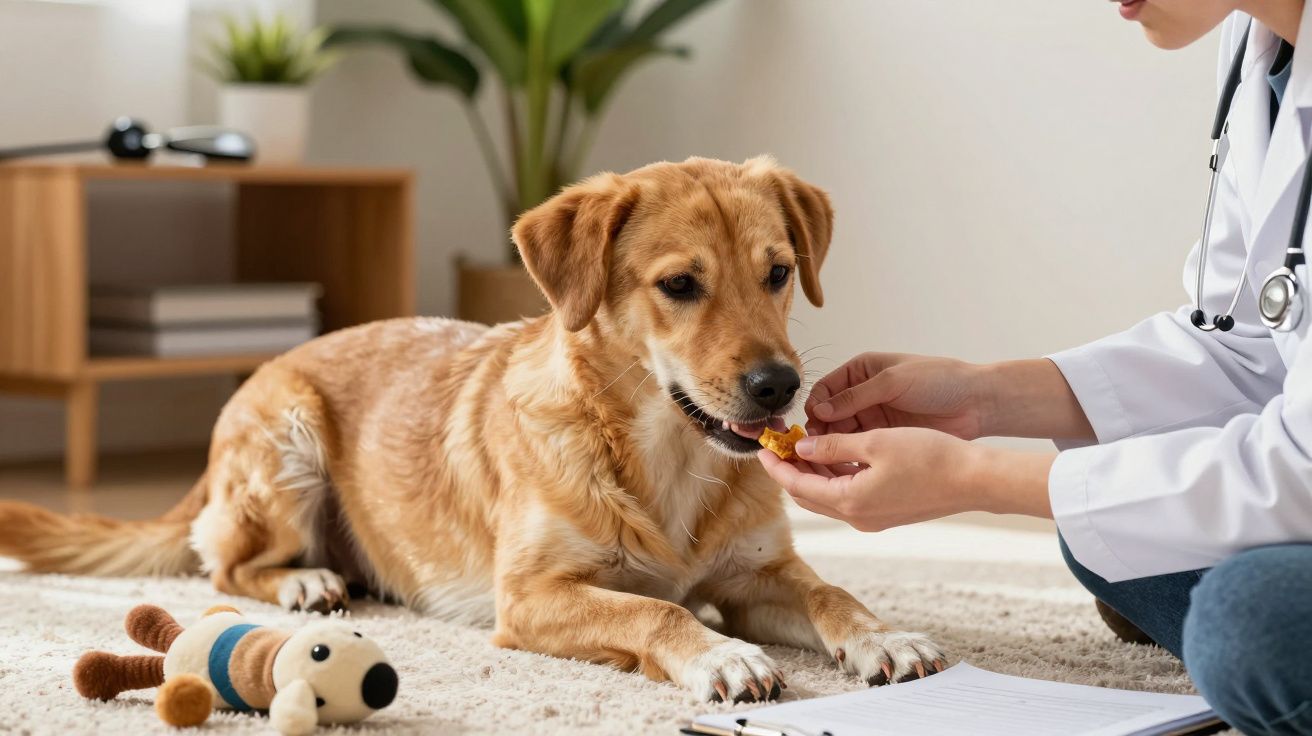 Veterinário dá um biscoito a um cão castanho deitado num tapete, ao lado de brinquedos e uma planta.