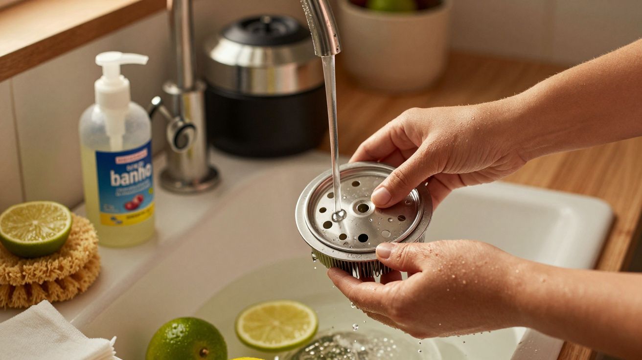 Mãos a lavar um filtro de metal sob a torneira da cozinha, com limões cortados e detergente ao lado.