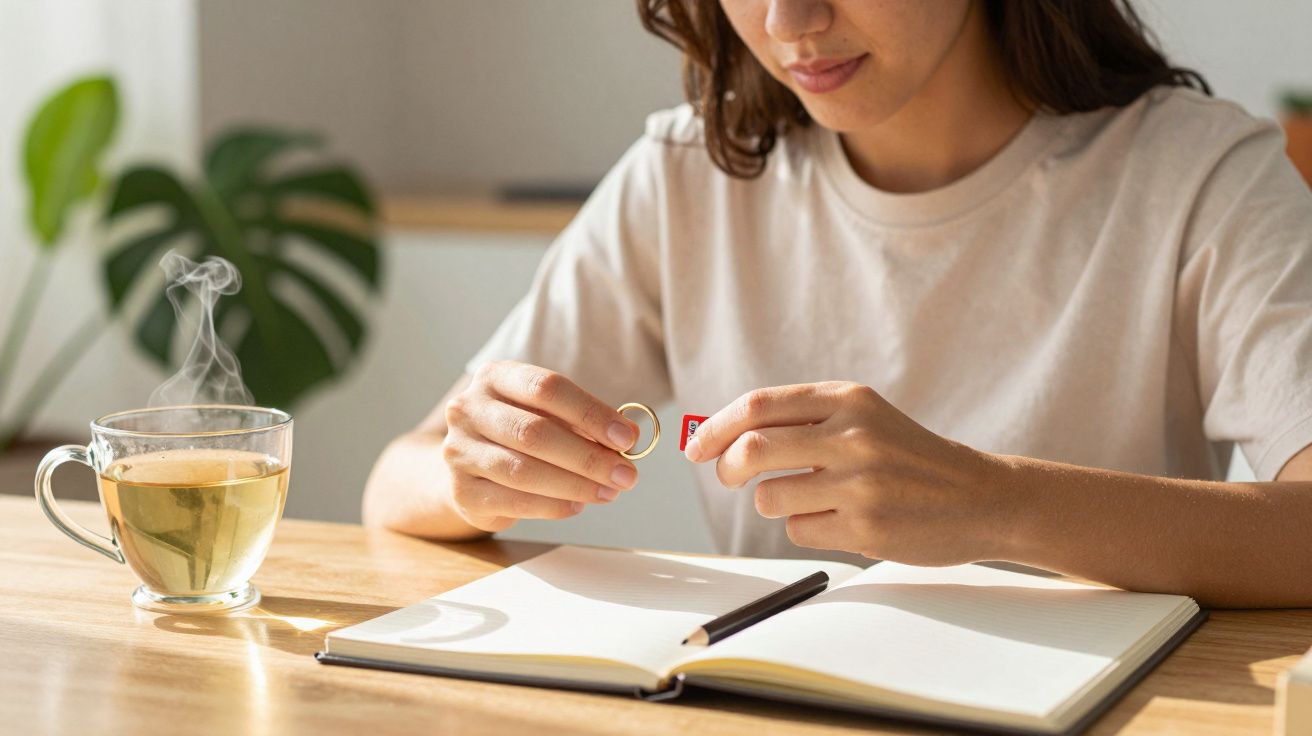 Mulher sentada à mesa, segurando anel e caixa; chá fumegante ao lado de caderno aberto com lápis.