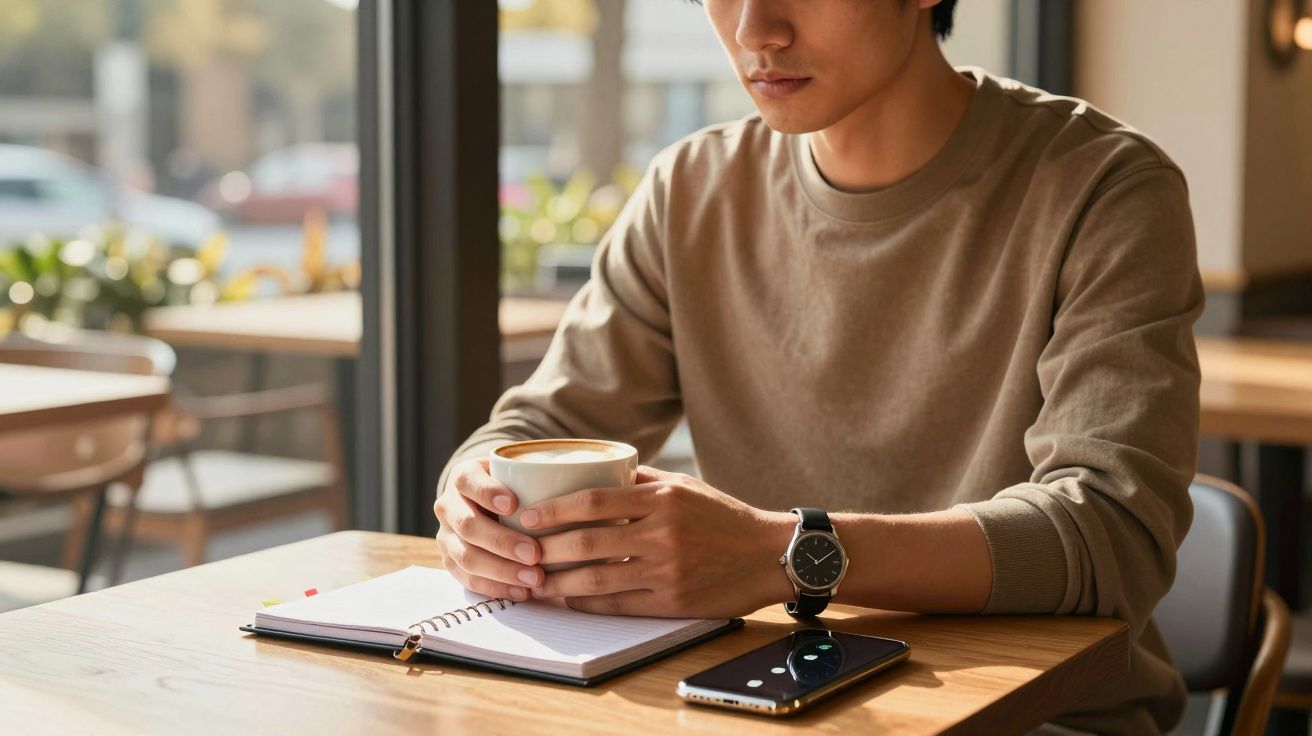 Homem segurando uma chávena de café, sentado numa mesa de café com um caderno aberto e um telemóvel ao lado.