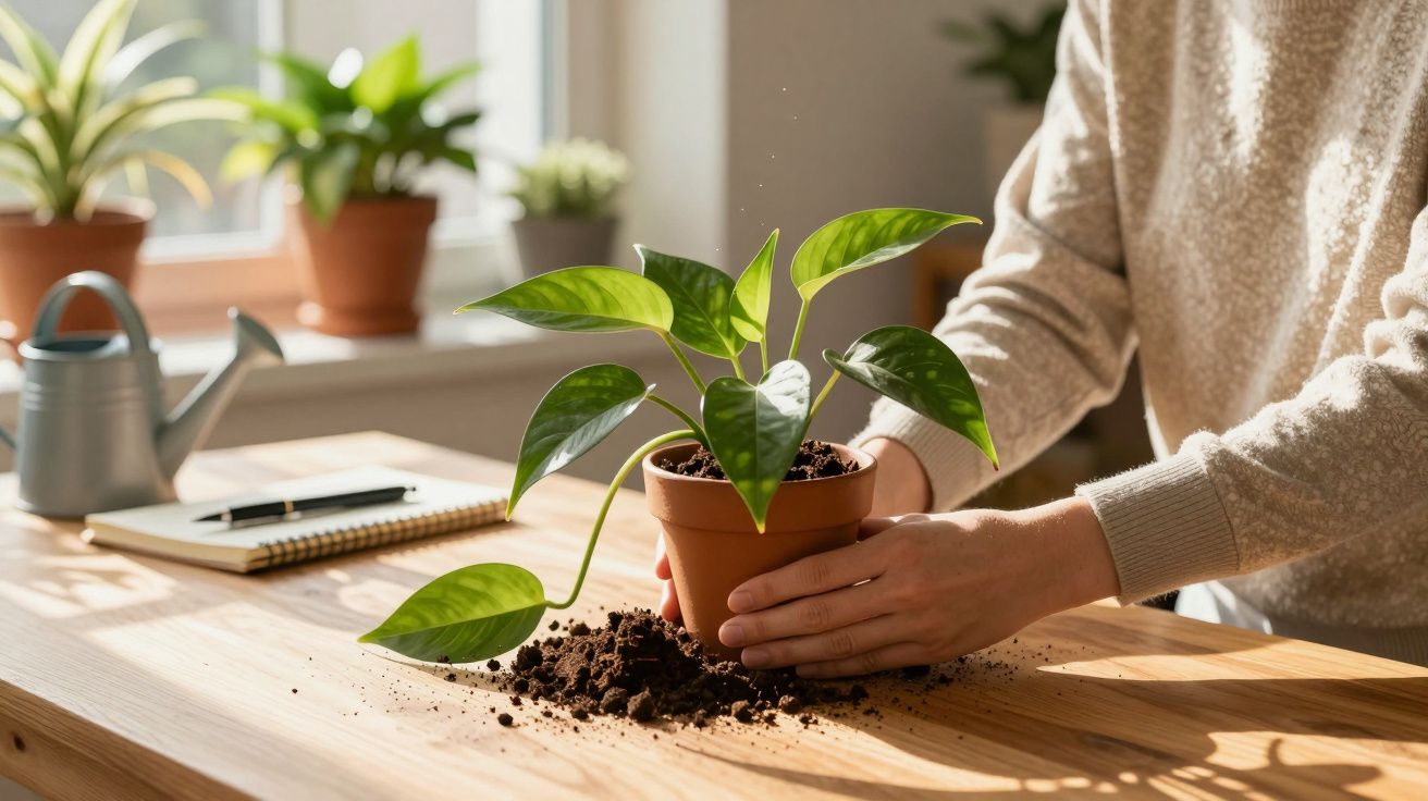 Pessoa a cuidar de planta verde num vaso em mesa de madeira, com regador e caderno ao fundo.