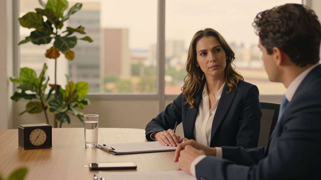 Mulher de fato azul escuro e homem a discutir numa sala de reuniões com janela grande e planta atrás.