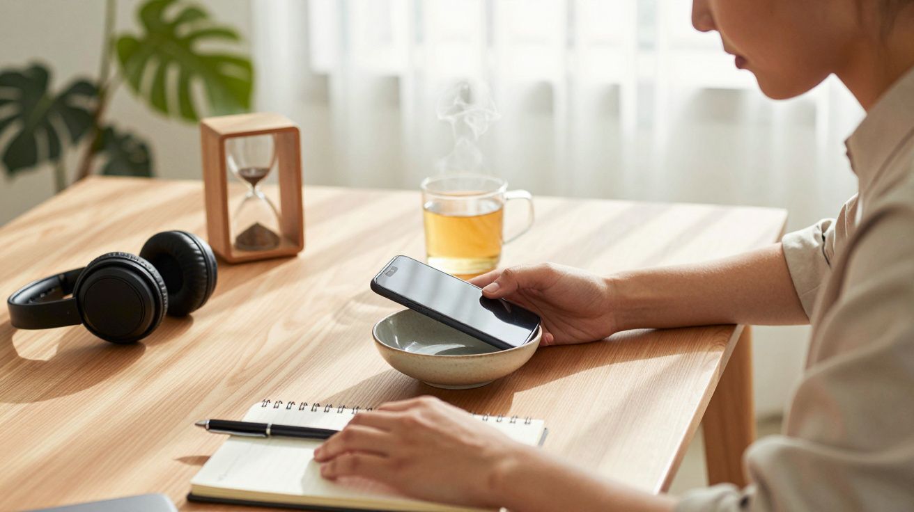 Pessoa segura telemóvel na mesa com chá, auriculares, caderno e ampulheta.
