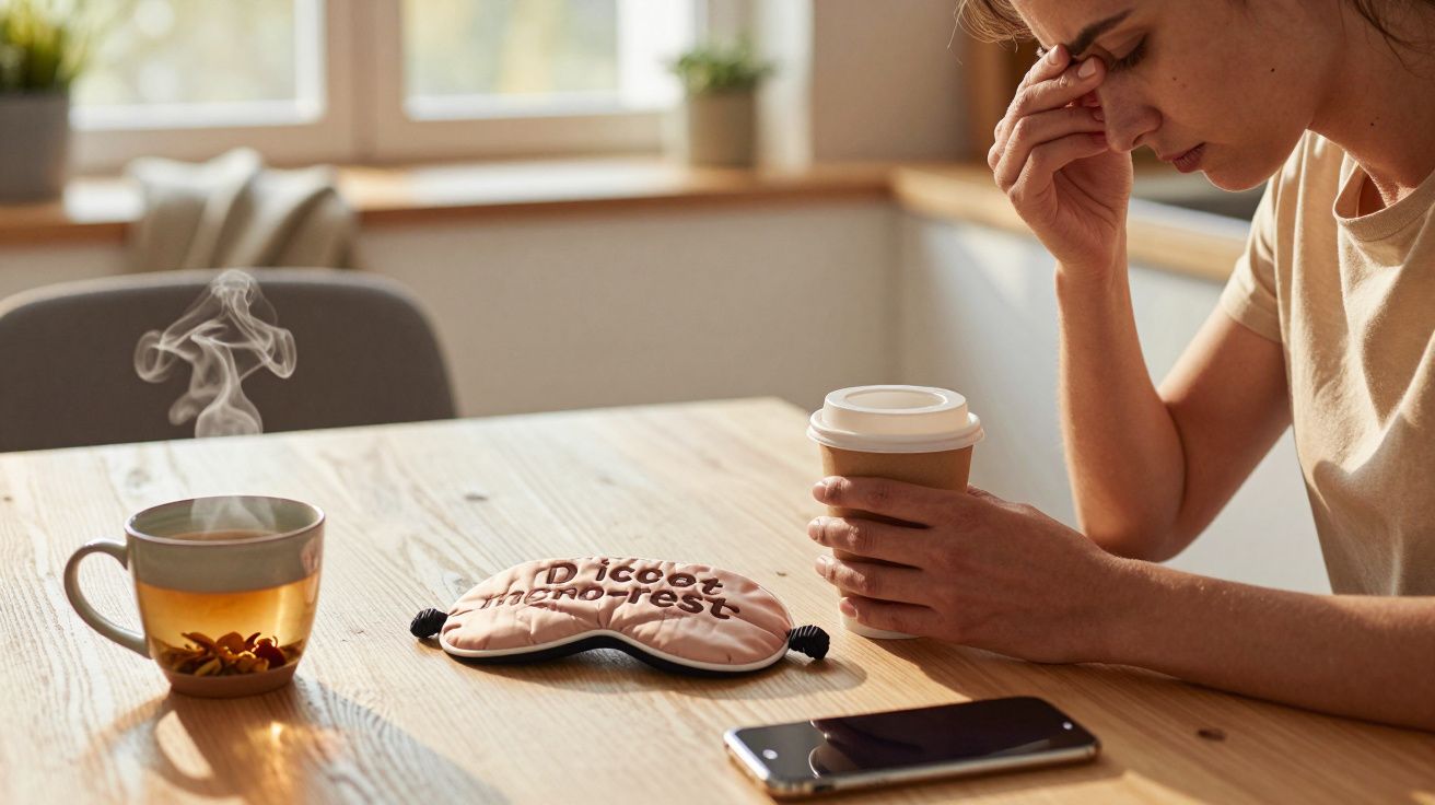 Mulher cansada segura café, ao lado de chá, máscara de dormir e telemóvel sobre a mesa.