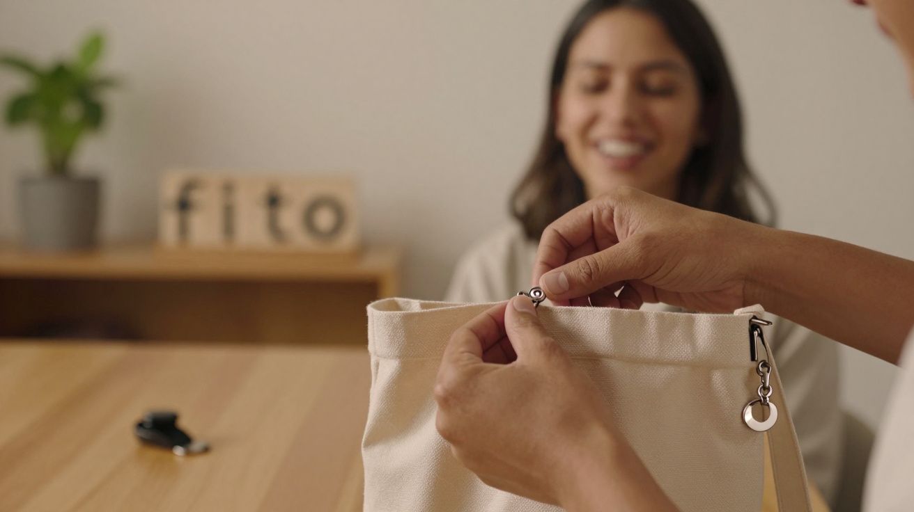 Mãos seguram uma bolsa de tecido claro enquanto uma mulher sorri ao fundo. Sobre a mesa está uma planta e uma placa "fito".