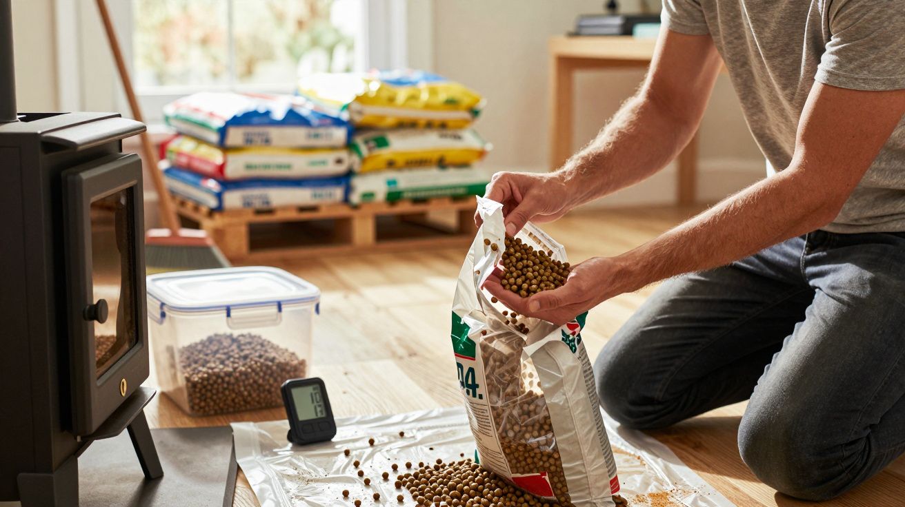Pessoa a manusear pellets junto a fogão, sacos no fundo.