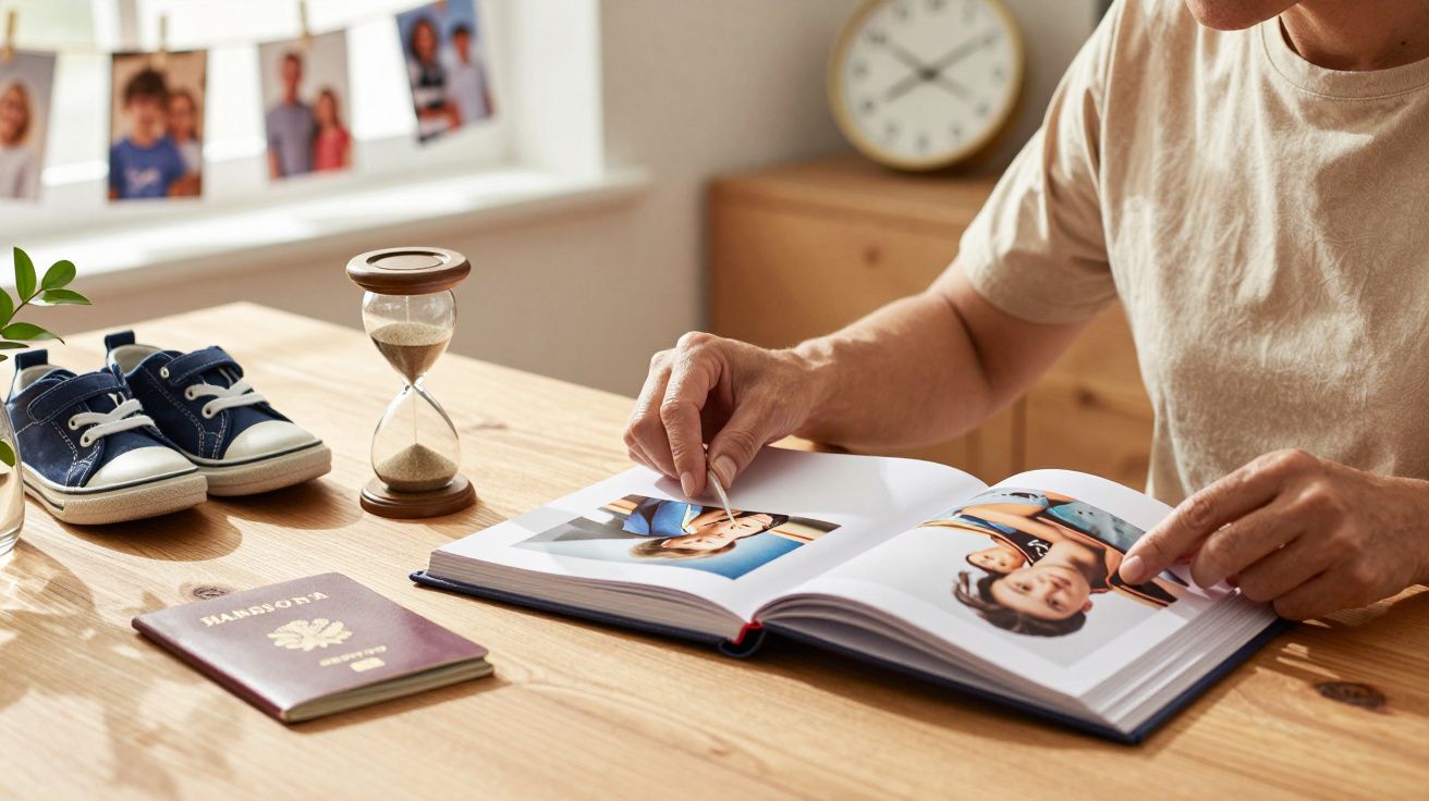 Pessoa folheia álbum de fotos na mesa com sapatos, passaporte e ampulheta.