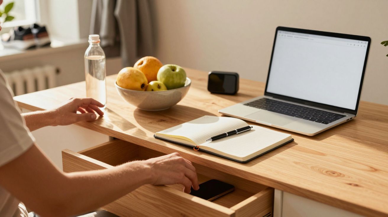 Pessoa a abrir gaveta em secretária com portátil, caderno, garrafa e tigela de fruta.