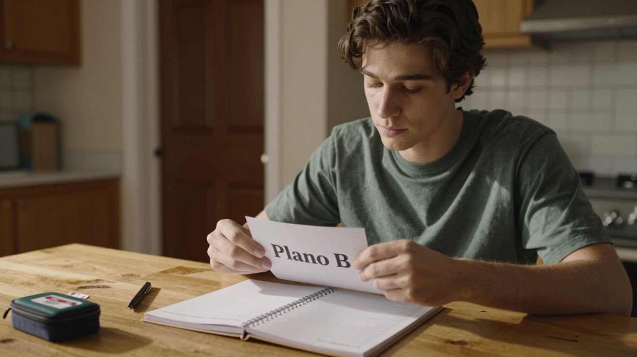 Jovem sentado à mesa numa cozinha, segura um cartão com "Plano B" escrito, ao lado de um caderno aberto.