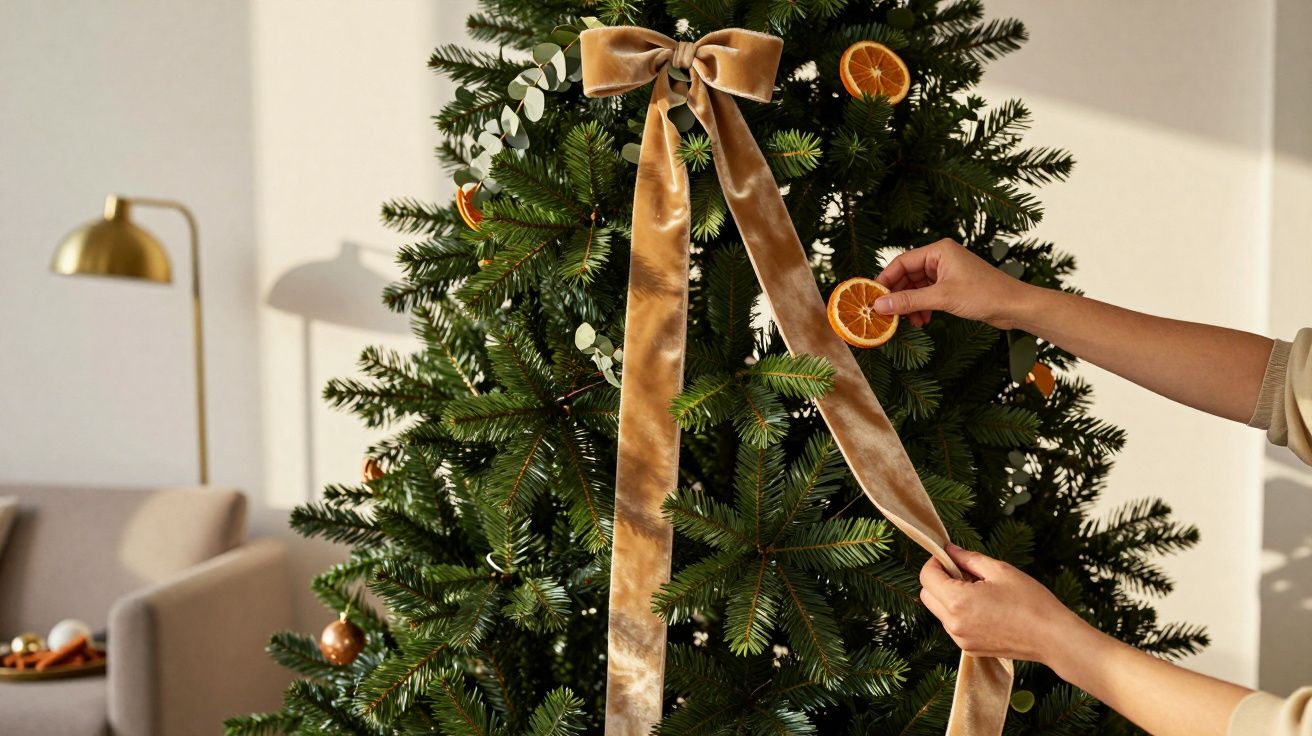 Pessoa a decorar uma árvore de Natal com fatias de laranja secas e uma fita dourada num ambiente acolhedor.