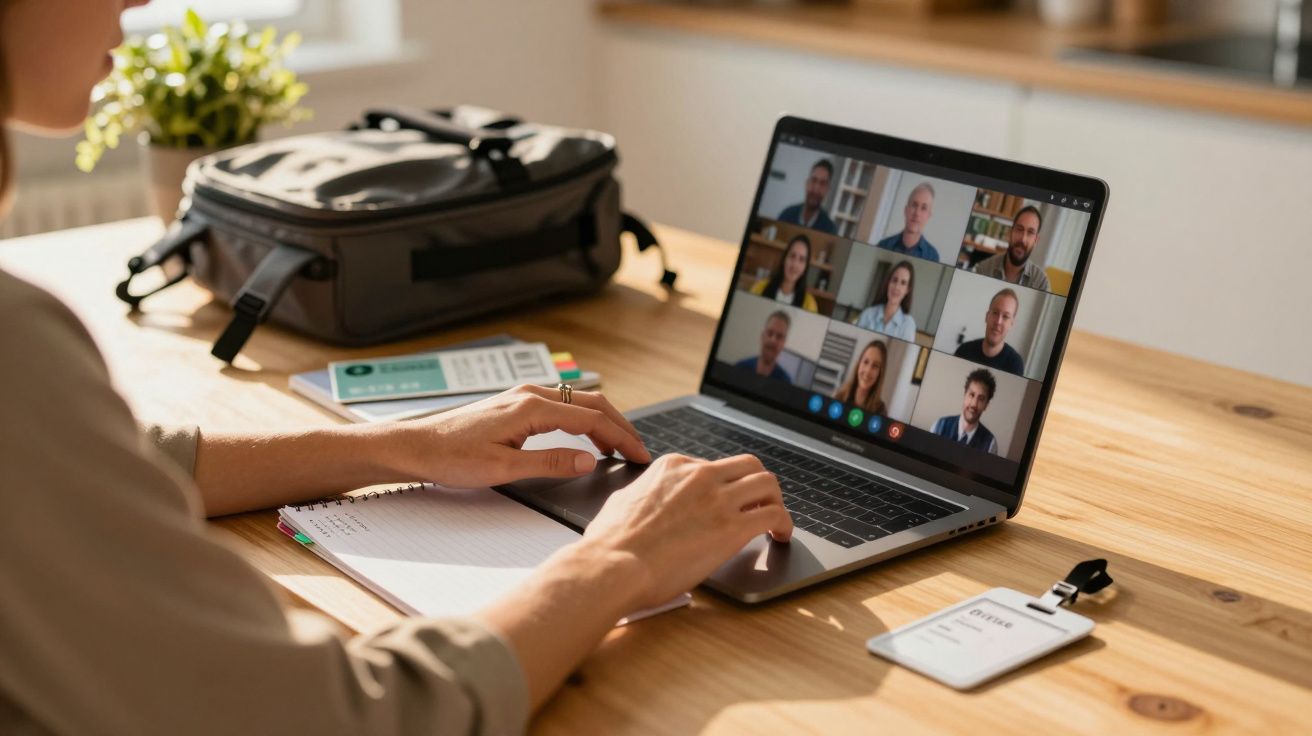 Pessoa em videoconferência num portátil, com caderno ao lado numa mesa de madeira clara.