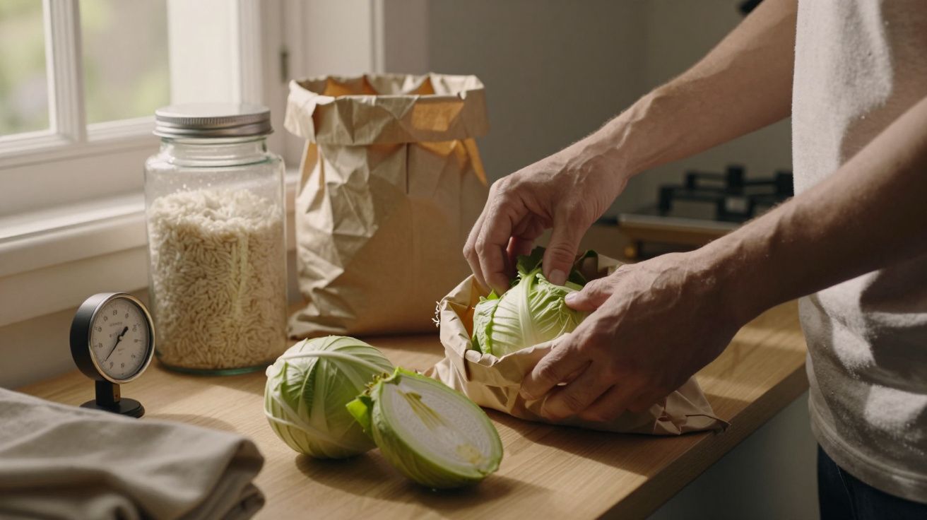 Mãos de um homem a preparar repolhos frescos numa cozinha, com um frasco de arroz e um saco de papel ao lado.