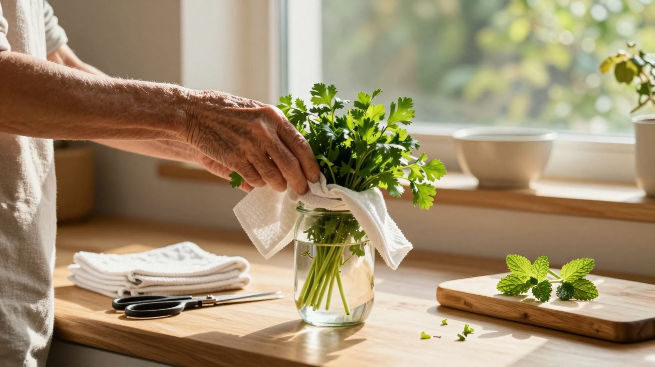 Mãos seguram um ramo de salsa num frasco com água numa cozinha iluminada pelo sol.