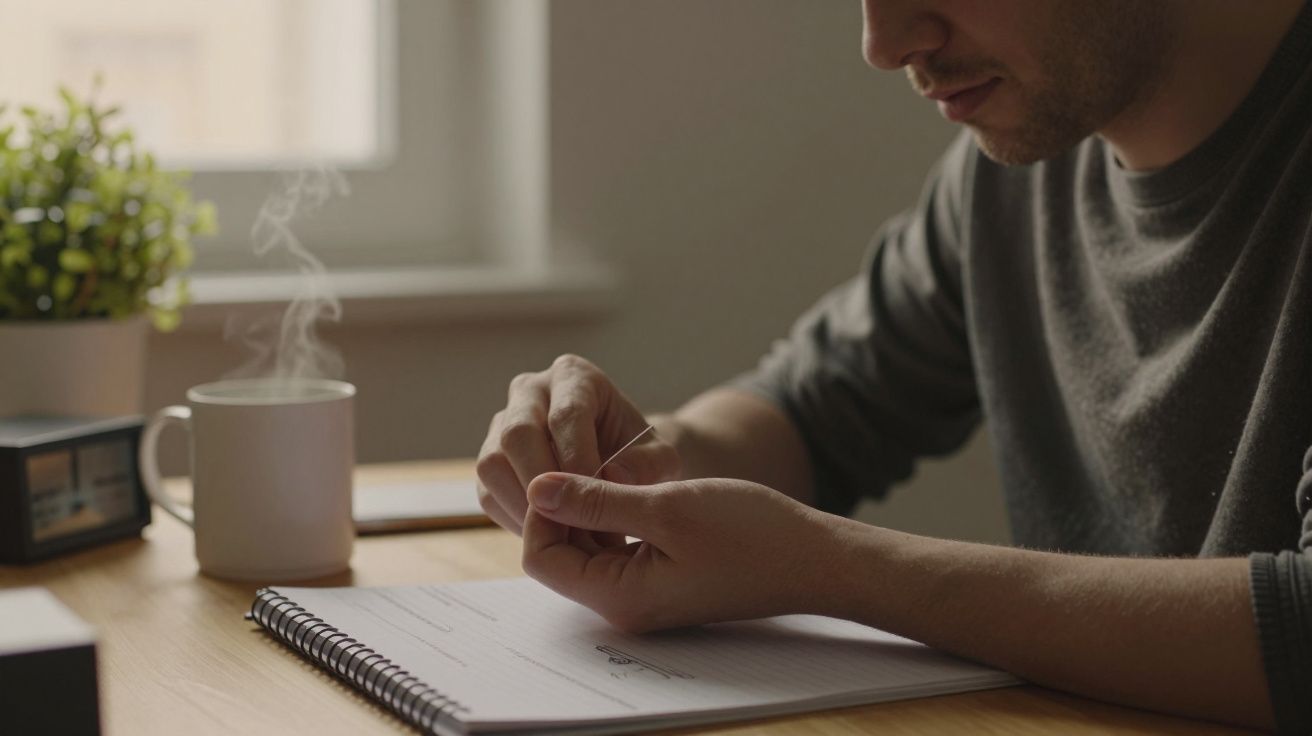 Homem sentado numa mesa a preparar-se para escrever num caderno, com uma chávena de café ao lado.