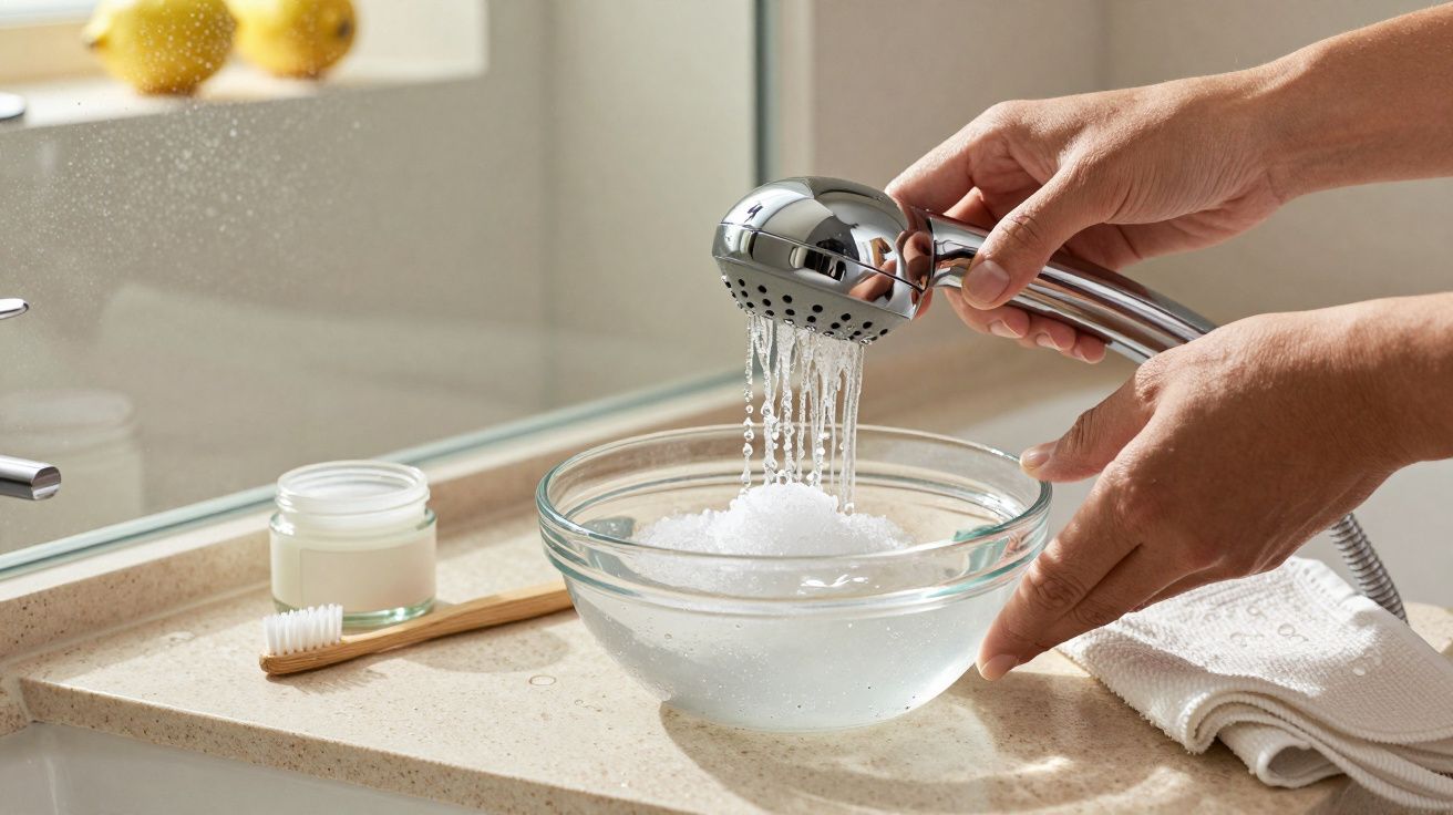 Mãos segurando chuveiro, enchendo taça de vidro com água na casa de banho. Toalha, escova de dentes e creme ao lado.