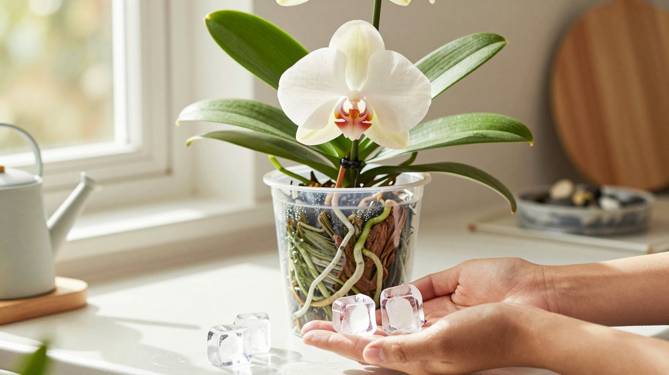 Mãos segurando cubos de gelo ao lado de uma orquídea branca em vaso transparente sobre uma mesa.