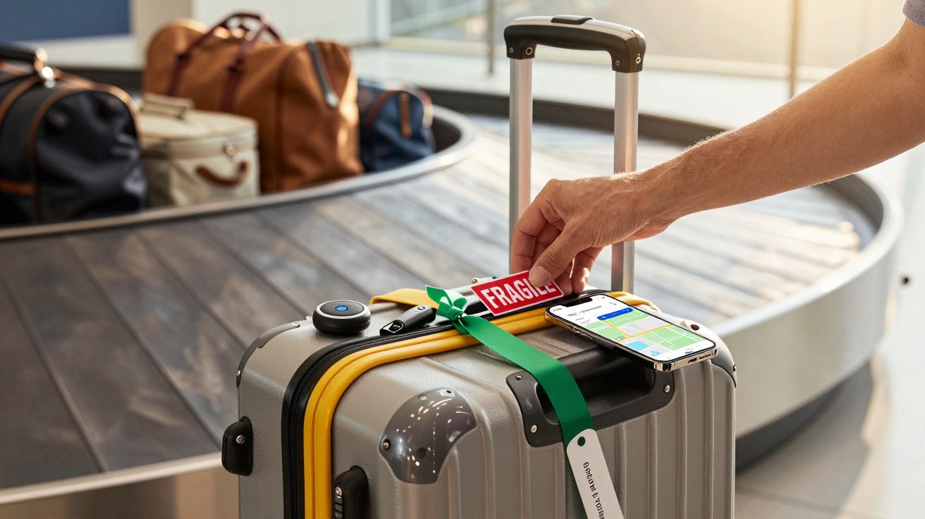 Mala prateada sobre tapete de bagagens com etiqueta "Frágil" e smartphone a exibir mapa. Mão a segurar etiqueta.