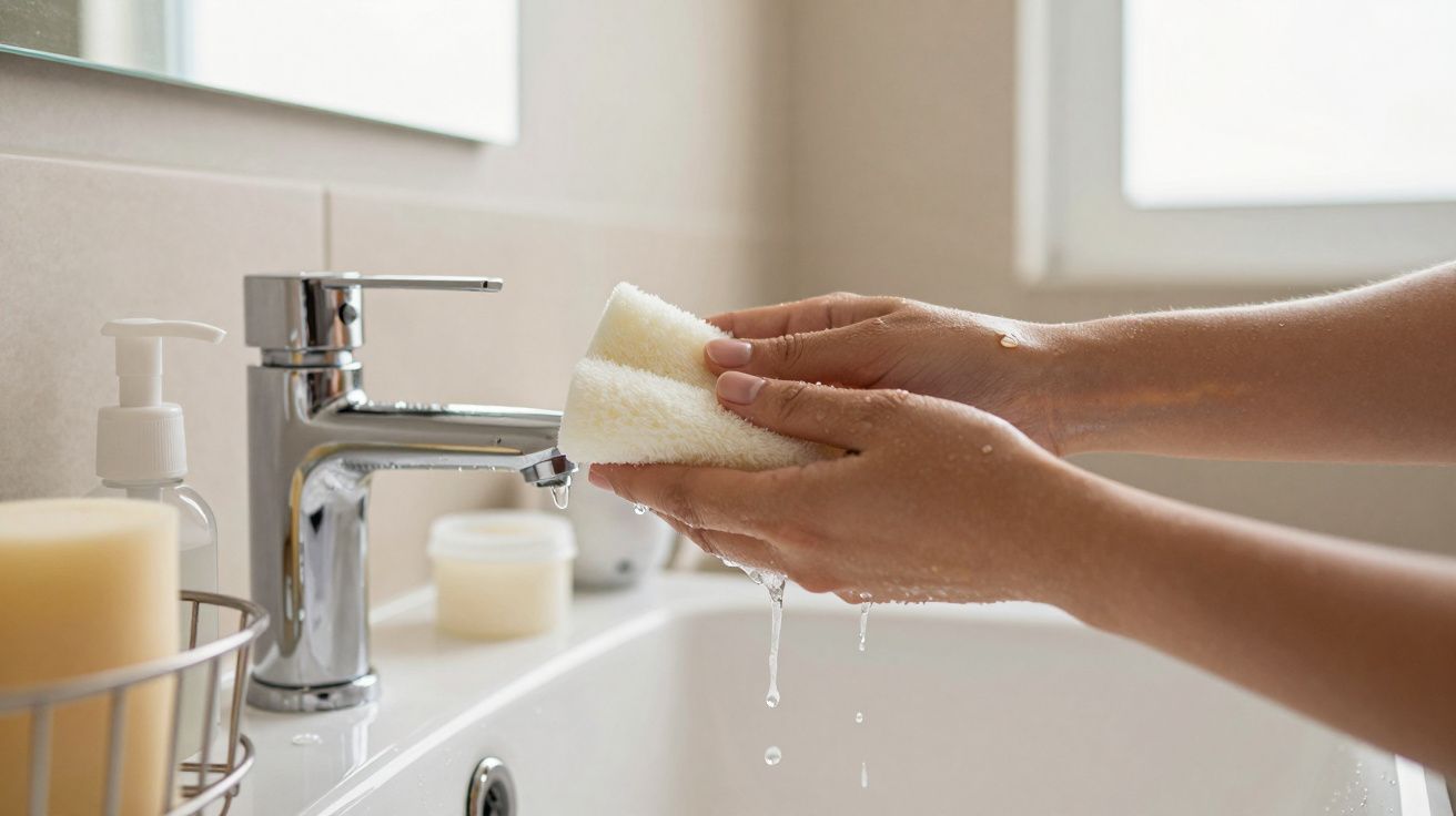 Mãos segurando uma esponja ensaboada sobre um lavatório, com água a sair de uma torneira cromada.