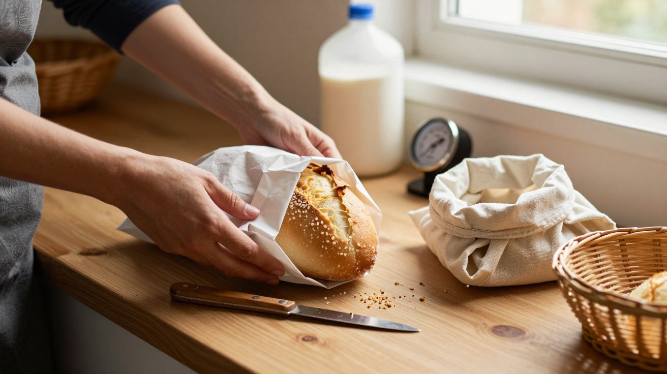 Pessoa a desembrulhar pão fresco na bancada com faca, leite e cesto ao lado.