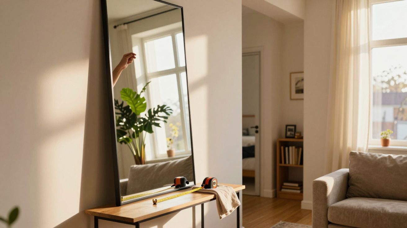 Sala de estar iluminada, com espelho grande, fita métrica e sofá cinza. Mão visível no espelho, planta ao fundo.