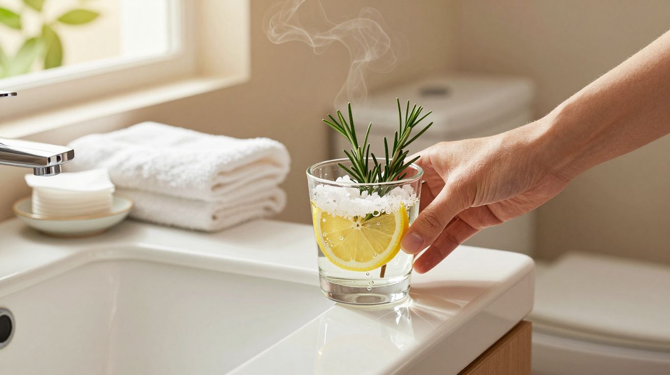 Mão segurando copo de vidro com água quente, fatia de limão e alecrim ao lado de toalhas num lavatório.