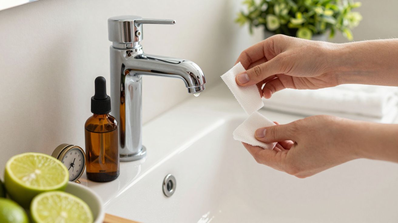 Mãos segurando algodão ao lado de uma torneira, com frasco e limões cortados sobre o lavatório.