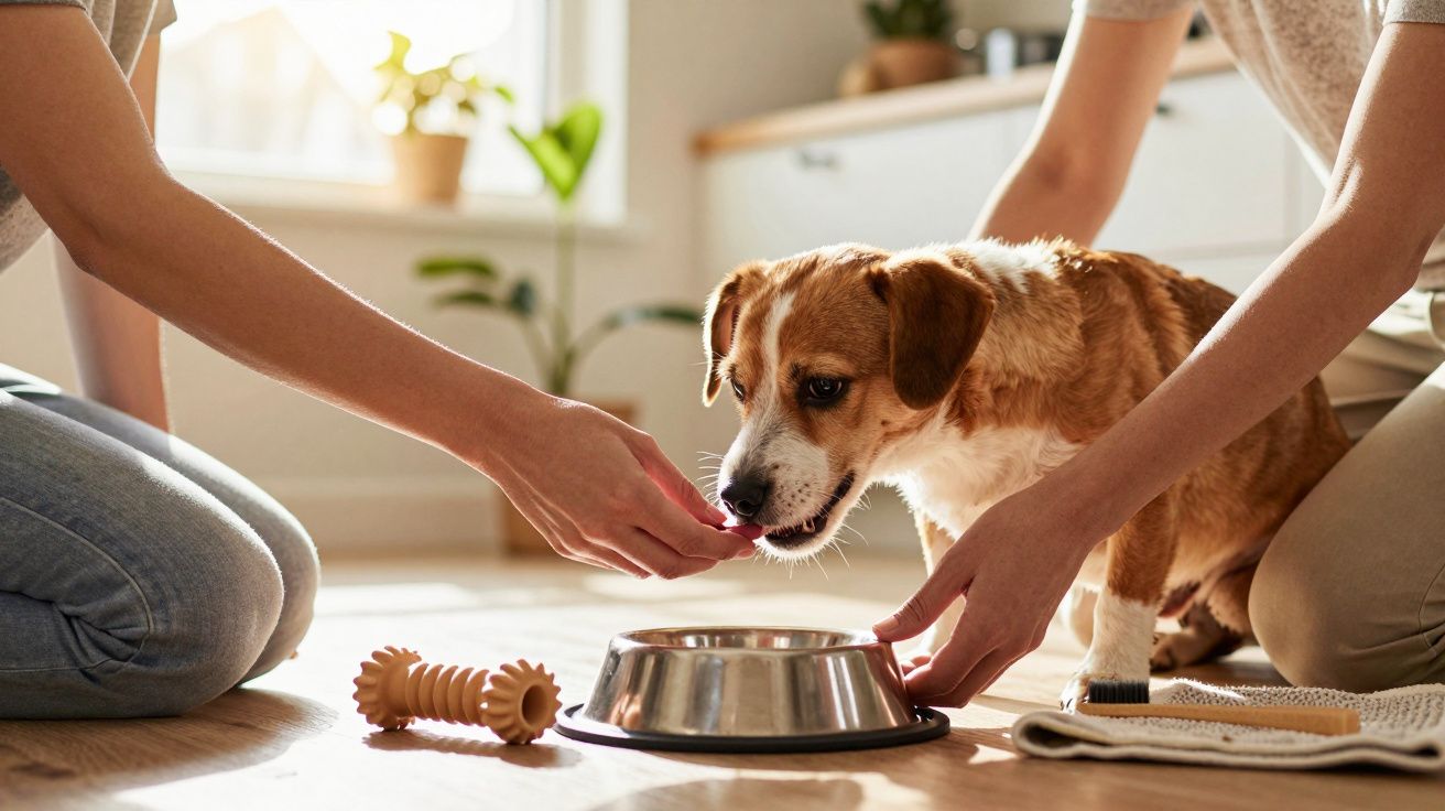 Pessoa alimenta cão em casa, segurando uma tigela metálica no chão, com brinquedo de borracha ao lado.