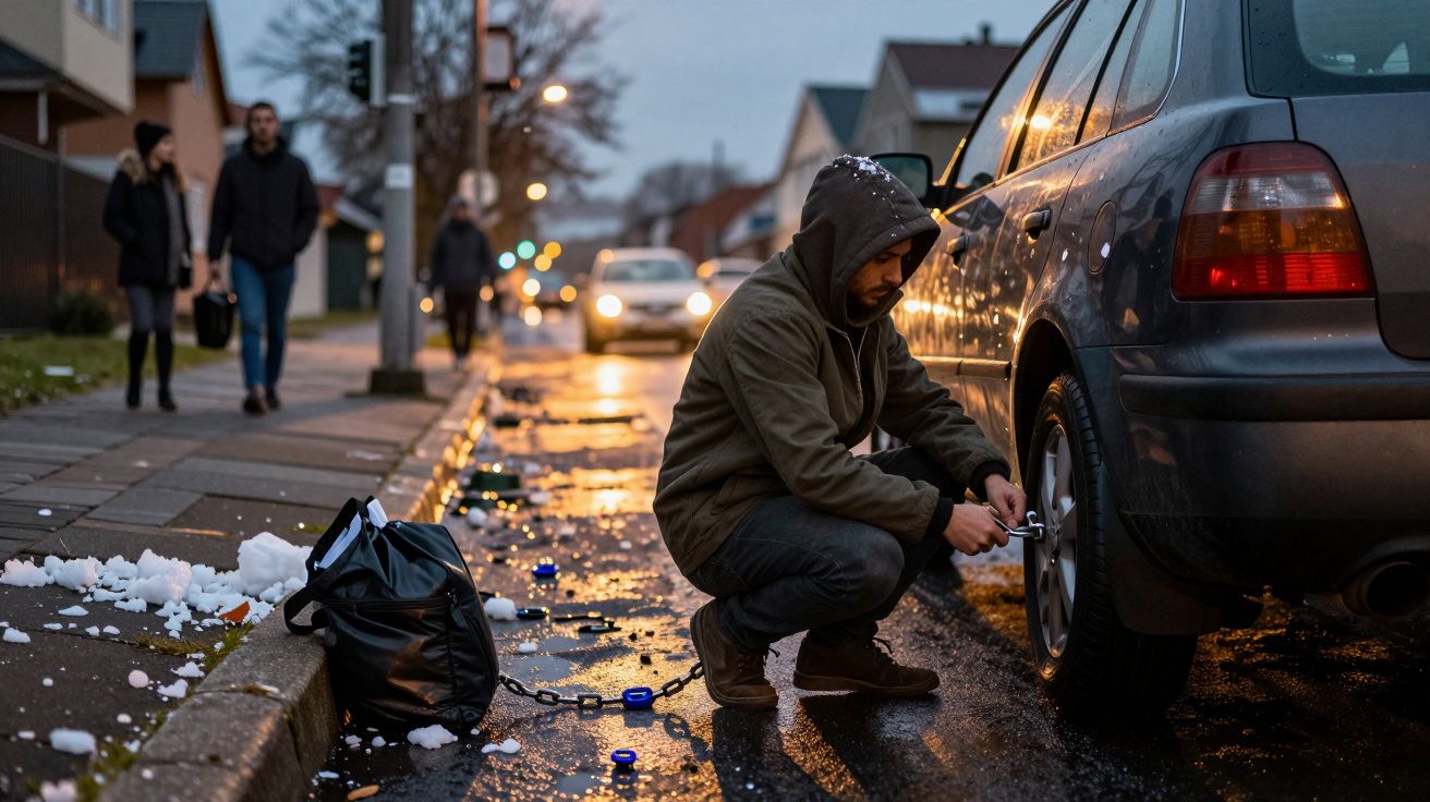 Homem com capuz a trocar pneu de carro estacionado numa rua molhada, enquanto pessoas passam ao fundo.