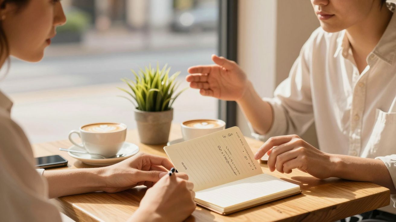 Duas pessoas discutem notas num caderno em café, com chávenas de café e planta em mesa de madeira.