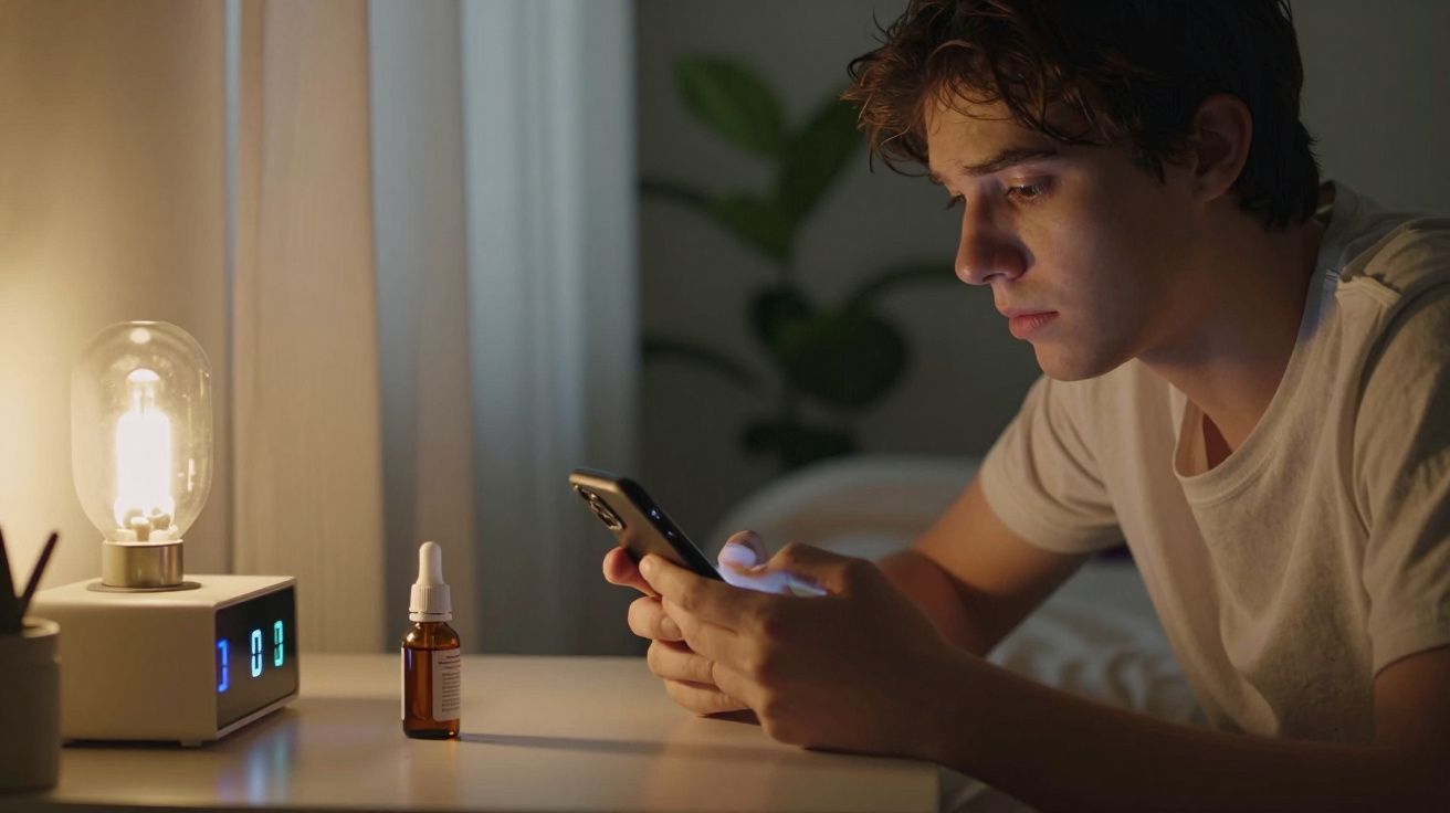 Jovem concentrado no telemóvel, sentado num quarto à noite, com uma lâmpada acesa e um frasco sobre a mesa.