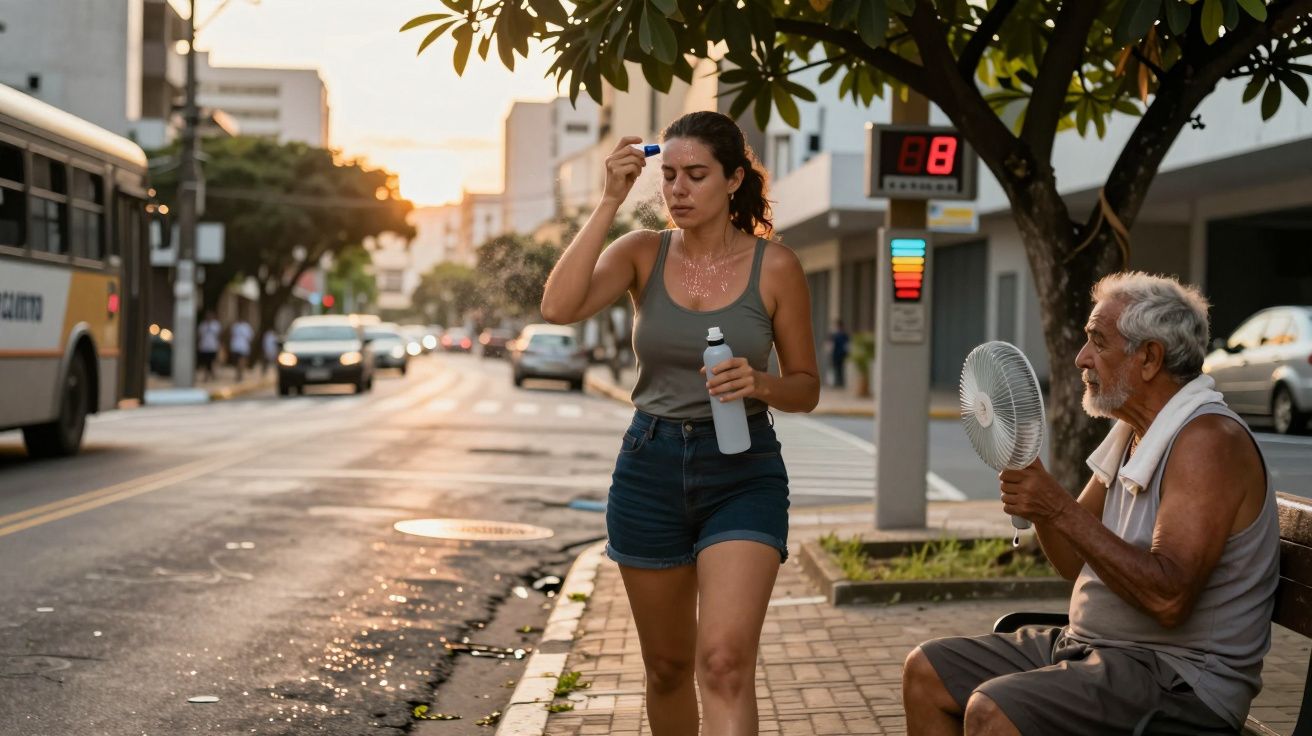 Mulher caminha na rua com calor, segurando garrafa de água. Homem sentado com ventoinha elétrica ao lado.