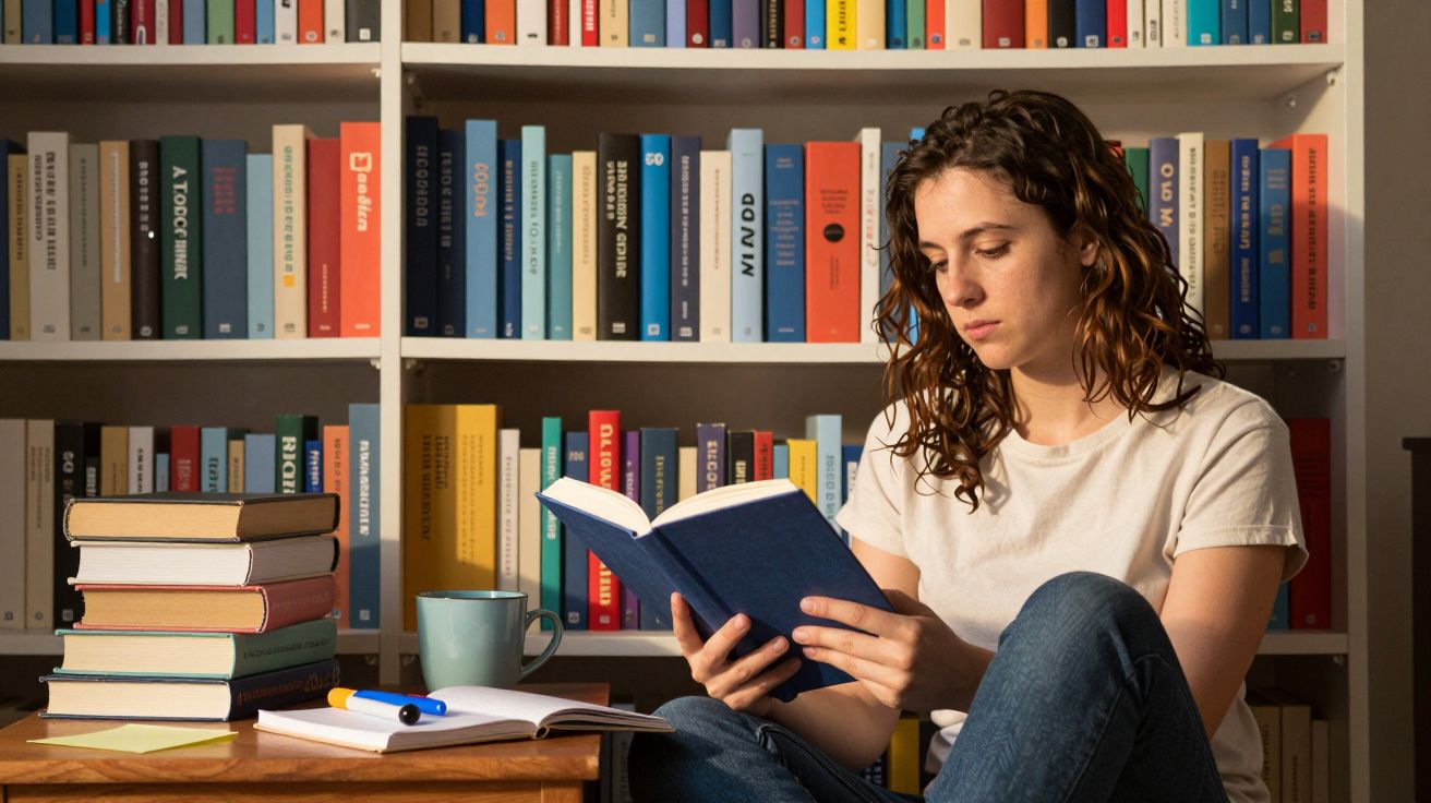 Mulher sentada a ler um livro em frente a uma estante cheia de livros, com uma chávena e caneta ao lado.