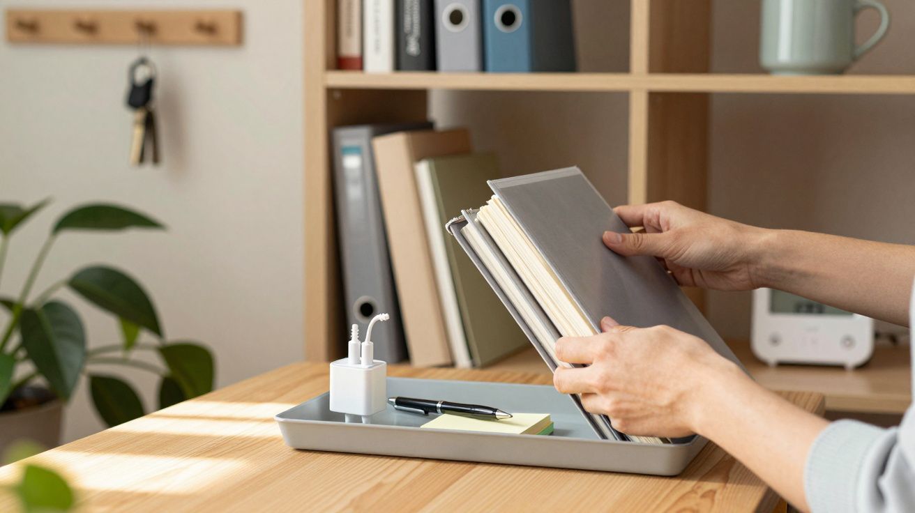 Mãos folheando documentos numa secretária com bandeja, caneta e blocos de notas, estantes e planta ao fundo.