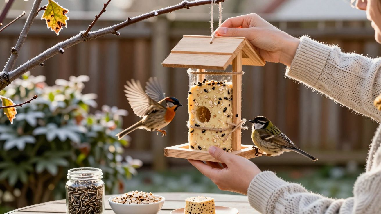 Pessoa segura alimentador de pássaros de madeira, com dois pássaros a comer sementes, num jardim.
