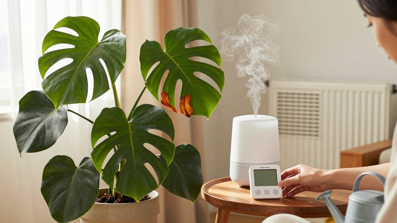 Planta Monstera ao lado de um humidificador a vapor numa mesa de madeira, com um medidor digital.