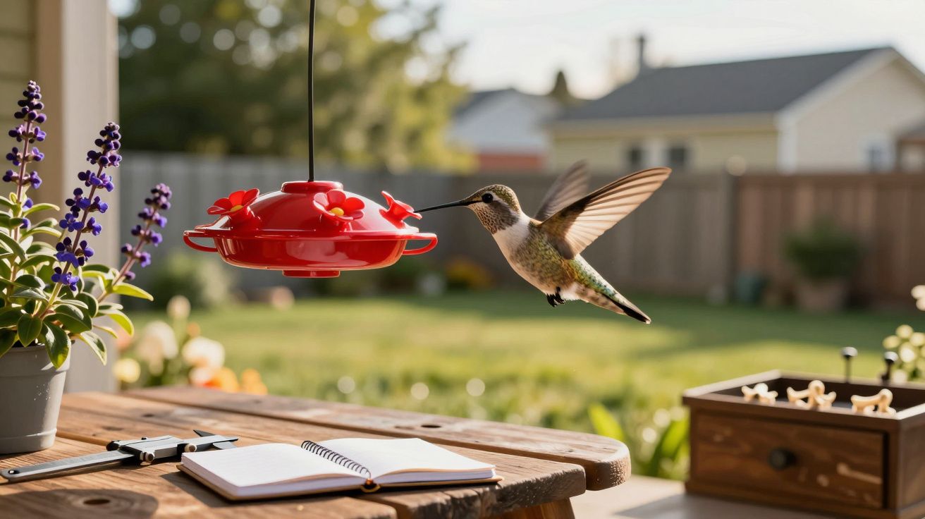 Beija-flor paira no ar bebendo de um comedouro vermelho no jardim, perto de caderno e plantas floridas.